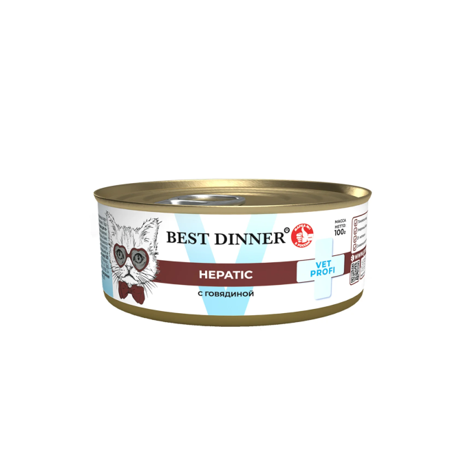Best Dinner Vet Profi Hepatic влажный диетический корм для взрослых кошек при заболеваниях печени, с говядиной, в консервах - 100 г х 12 шт