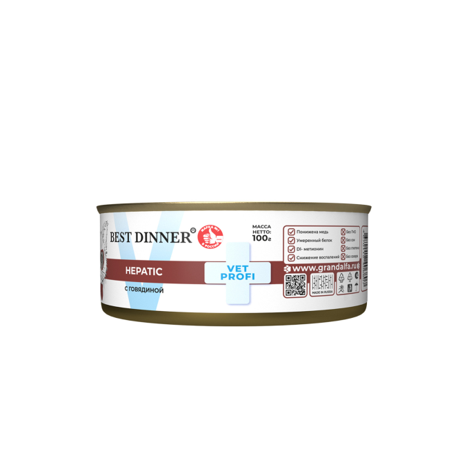 Best Dinner Vet Profi Hepatic влажный диетический корм для взрослых кошек при заболеваниях печени, с говядиной, в консервах - 100 г х 12 шт
