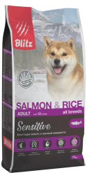 Blitz Adult Salmon&amp;Rice Sensitive сухой корм для взрослых собак всех пород с чувствительным пищеварением, с лососем и рисом - 15 кг