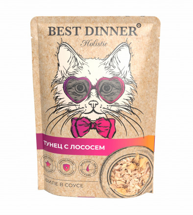 Best Dinner Holistic влажный корм для взрослых кошек с тунцом и лососем в соусе в паучах - 70 г х 18 шт