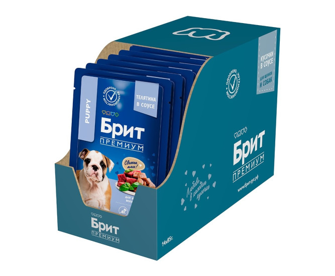 Брит Премиум паучи для щенков всех пород с телятиной в соусе - 85 г х 14 шт