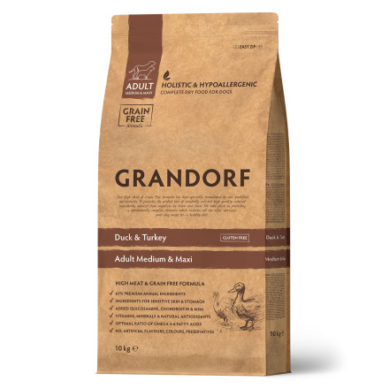 Grandorf сухой корм для взрослых собак средних и крупных пород с уткой и индейкой - 10 кг