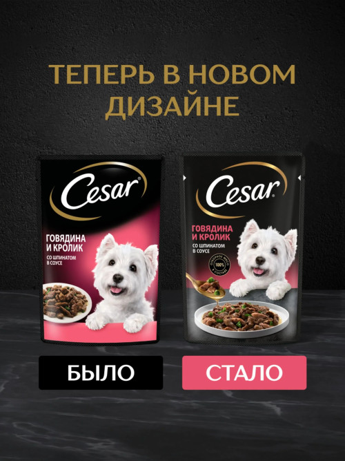 Cesar влажный корм для взрослых собак с говядиной, кроликом и шпинатом, в паучах - 85 г х 28 шт