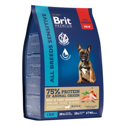Brit Premium Dog Adult Sensitive сухой корм для взрослых собак всех пород с чувствительным пищеварением, с индейкой и лососем - 1 кг