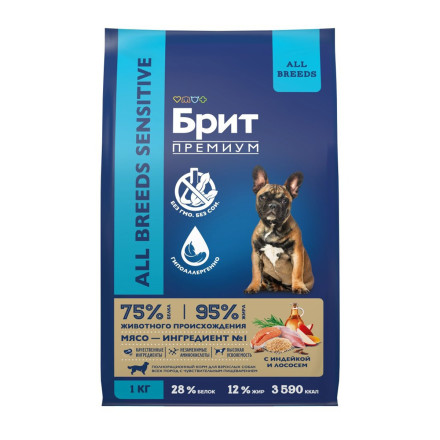 Брит Премиум Dog Adult Sensitive сухой корм для взрослых собак всех пород с чувствительным пищеварением, с индейкой и лососем - 1 кг