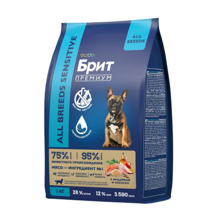 Брит Премиум Dog Adult Sensitive сухой корм для взрослых собак всех пород с чувствительным пищеварением, с индейкой и лососем - 1 кг