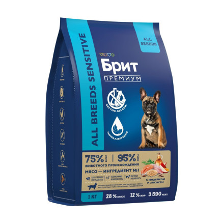 Брит Премиум Dog Adult Sensitive сухой корм для взрослых собак всех пород с чувствительным пищеварением, с индейкой и лососем - 1 кг