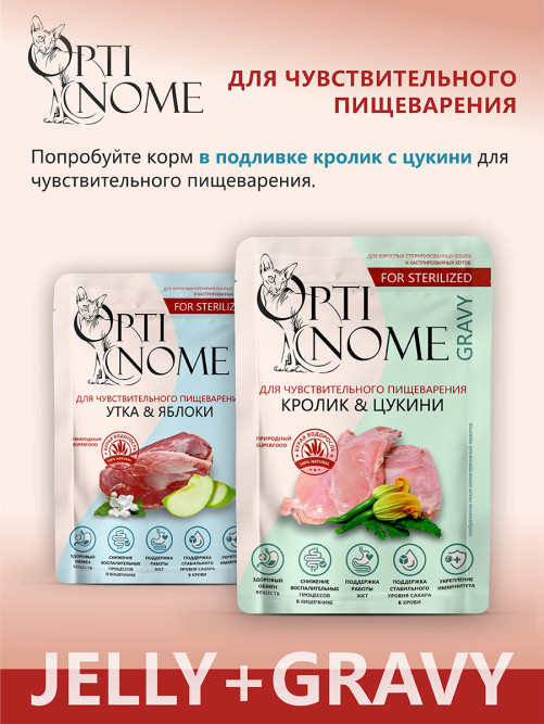 Optinome влажный корм для взрослых стерилизованных кошек при чувствительном пищеварении с уткой и яблоками в желе, в паучах - 75 г х 28 шт