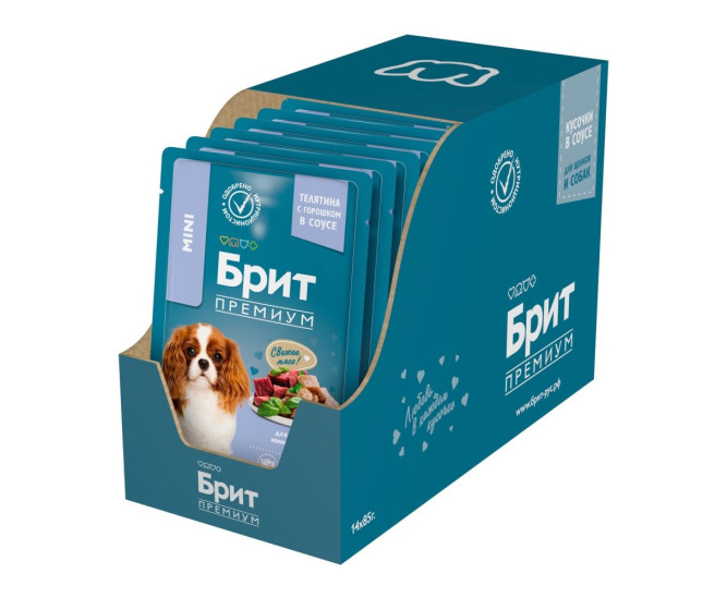 Брит Премиум паучи для взрослых собак миниатюрных пород с телятиной и зеленым горошком в соусе - 85 г х 14 шт
