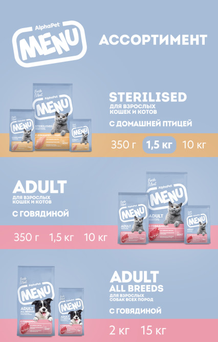 AlphaPet MENU сухой корм для взрослых стерилизованных кошек с домашней птицей - 1,5 кг