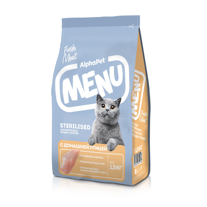 AlphaPet MENU сухой корм для взрослых стерилизованных кошек с домашней птицей - 1,5 кг