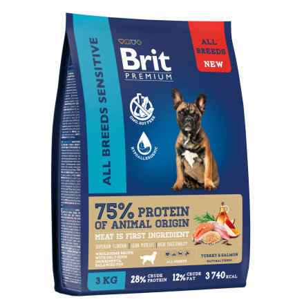 Brit Premium Dog Adult Sensitive сухой корм для взрослых собак всех пород с чувствительным пищеварением, с индейкой и лососем - 3 кг