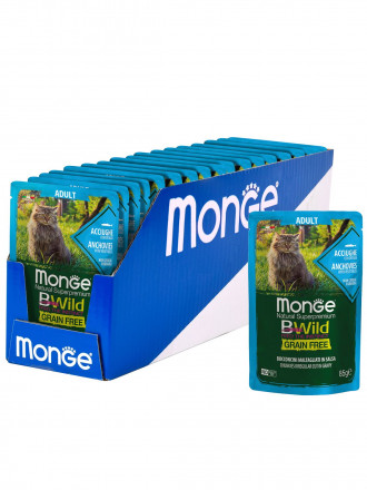 Monge Cat BWild Grain Free влажный беззерновой корм для взрослых кошек с анчоусами и овощами в паучах 85 г