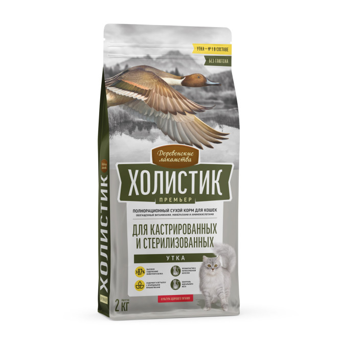 Деревенские лакомства Холистик Премьер сухой корм для стерилизованных кошек с уткой - 2 кг