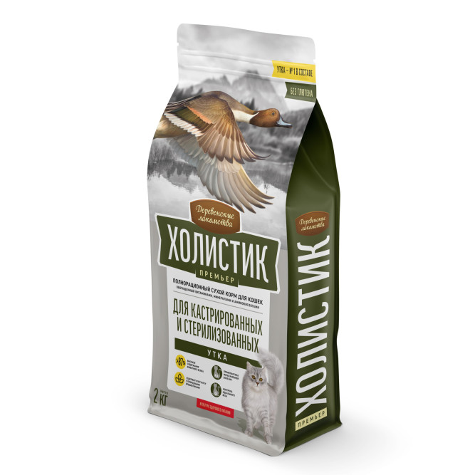 Деревенские лакомства Холистик Премьер сухой корм для стерилизованных кошек с уткой - 2 кг