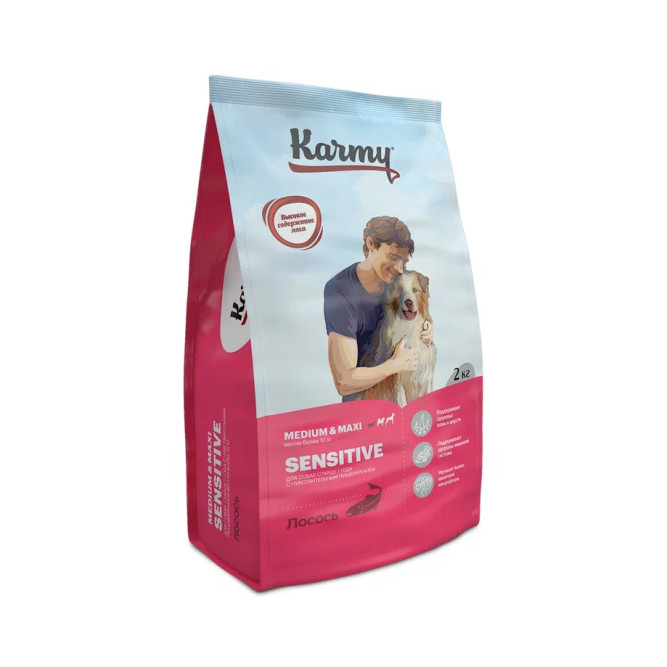 Karmy Sensitive Medium &amp; Maxi полнорационный сухой корм для взрослых собак средних и крупных пород с чувствительным пищеварением, с лососем - 2 кг