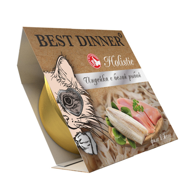 Best Dinner Holistic влажный корм для взрослых стерилизованных кошек с индейкой и белой рыбой, мясные волокна в желе, в ламистерах - 75 г х 6 шт