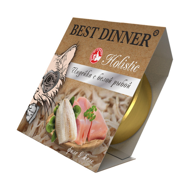 Best Dinner Holistic влажный корм для взрослых стерилизованных кошек с индейкой и белой рыбой, мясные волокна в желе, в ламистерах - 75 г х 6 шт