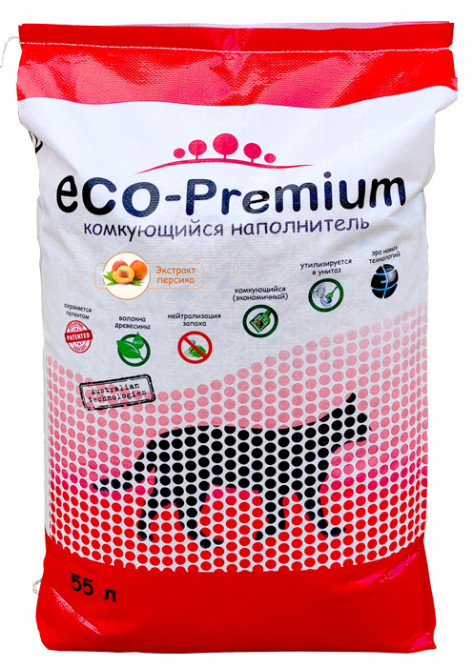 ECO-Premium наполнитель древесный комкующийся с ароматом персика - 55 л (20,2 кг)