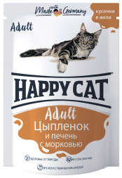 Happy Cat паучи для взрослых кошек с цыпленком, печенью и морковью в желе - 100 г х 24 шт (Россия)