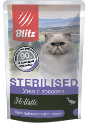 Blitz Holistic Sterilised паучи для стерилизованных кошек, с уткой и лососем - 85 г х 24 шт