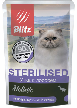 Blitz Holistic Sterilised паучи для стерилизованных кошек, с уткой и лососем - 85 г х 24 шт