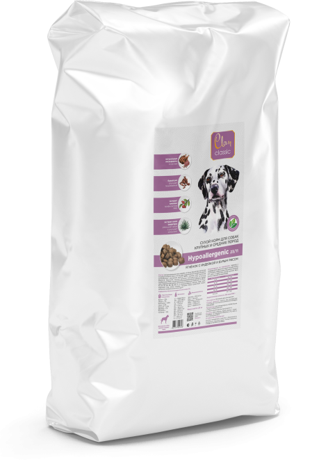 Clan Classic Hypoallergenic 23/11 сухой корм для взрослых собак крупных и средних пород, склонных к аллергии, с ягненком, индейкой и бурым рисом - 20 кг