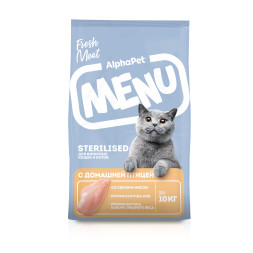 AlphaPet MENU сухой корм для взрослых стерилизованных кошек с домашней птицей - 10 кг