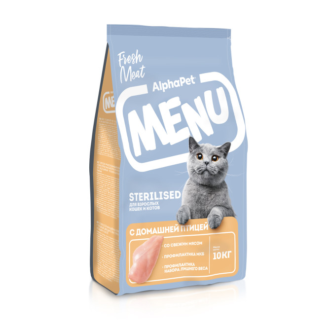 AlphaPet MENU сухой корм для взрослых стерилизованных кошек с домашней птицей - 10 кг