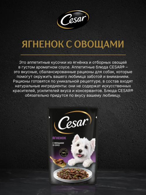 Cesar влажный корм для взрослых собак с ягненком и овощами, в паучах - 85 г х 28 шт