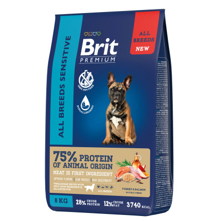 Brit Premium Dog Adult Sensitive сухой корм для взрослых собак всех пород с чувствительным пищеварением, с индейкой и лососем - 8 кг