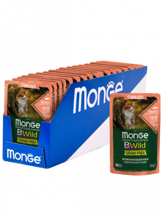 Monge Cat BWild Grain Free влажный беззерновой корм для стерилизованных кошек с лососем, креветками и овощами в паучах 85 г