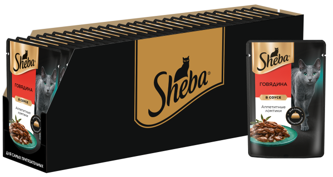 Sheba влажный корм для кошек ломтики с говядиной, в соусе, в паучах - 75 г х 28 шт