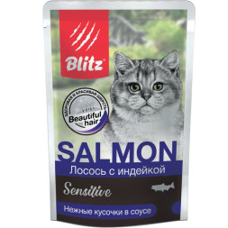 Blitz Sensitive влажный корм для кошек, кусочки в соусе с лососем и индейкой - 85 г x 24 шт