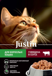 Justin влажный корм для взрослых кошек с говядиной, в соусе, в паучах - 75 г х 28 шт