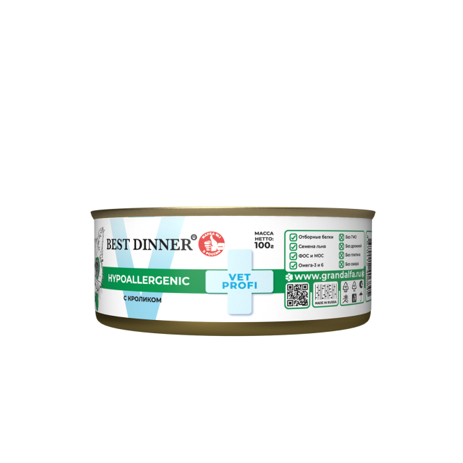 Best Dinner Vet Profi Hypoallergenic влажный диетический корм для котят и взрослых кошек при пищевой аллергии или непереносимости, с кроликом, в консервах - 100 г х 12 шт