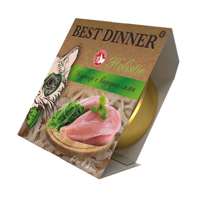 Best Dinner Holistic влажный корм для взрослых стерилизованных кошек с курицей и водорослями, мясные волокна в желе, в ламистерах - 75 г х 6 шт