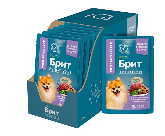 Брит Премиум паучи для взрослых собак миниатюрных пород с чувствительным пищеварением с ягненком и морковью в соусе - 85 г х 14 шт