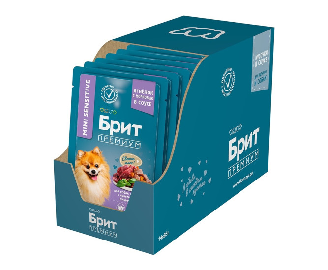 Брит Премиум паучи для взрослых собак миниатюрных пород с чувствительным пищеварением с ягненком и морковью в соусе - 85 г х 14 шт