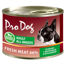 Pro Dog влажный корм для взрослых собак с ягненком, морковью и брусникой, в консервах - 200 г х 24 шт