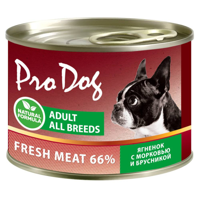 Pro Dog влажный корм для взрослых собак с ягненком, морковью и брусникой, в консервах - 200 г х 24 шт