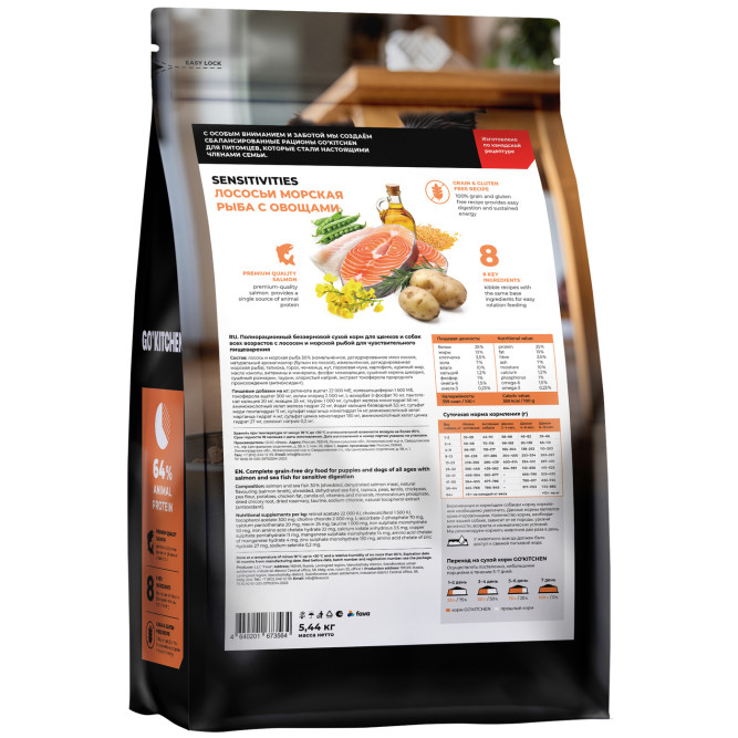 Go' Kitchen SENSITIVITIES Grain Free сухой беззерновой корм для щенков и собак с чувствительным пищеварением, с лососем и морской рыбой - 5,44 кг