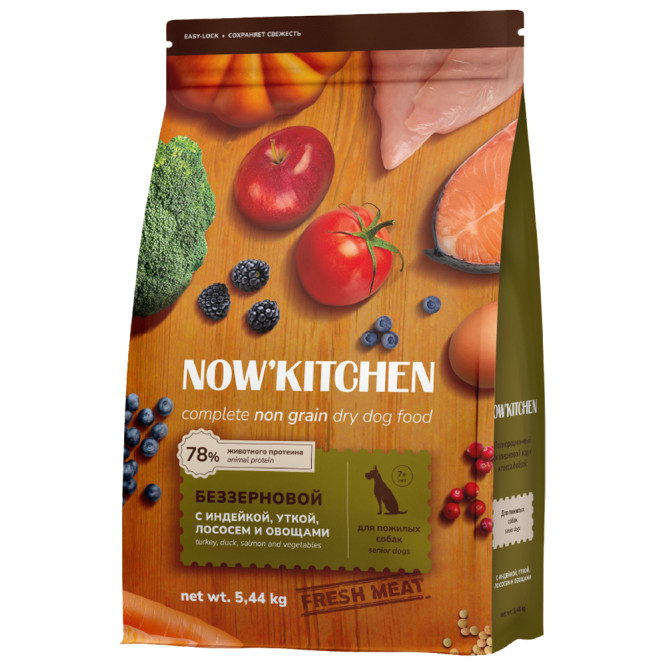 NOW' Kitchen сухой беззерновой корм для собак старше 7 лет, со свежей индейкой, уткой и лососем - 5,44 кг