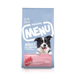 AlphaPet MENU сухой корм для взрослых собак всех пород с говядиной - 15 кг