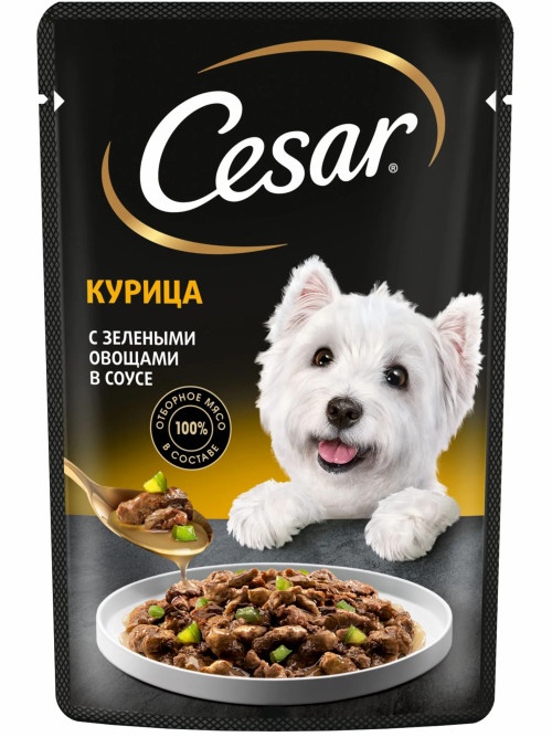 Cesar влажный корм для взрослых собак с курицей с зелеными овощами, в паучах - 85 г х 28 шт