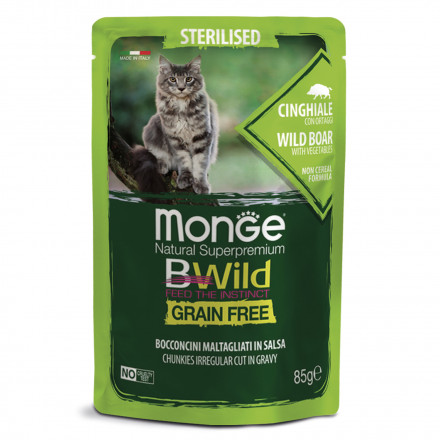 DEL Monge Cat BWild Grain Free влажный беззерновой корм для стерилизованных кошек с мясом дикого кабана и овощами в паучах 85 г