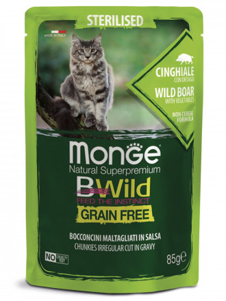 DEL Monge Cat BWild Grain Free влажный беззерновой корм для стерилизованных кошек с мясом дикого кабана и овощами в паучах 85 г
