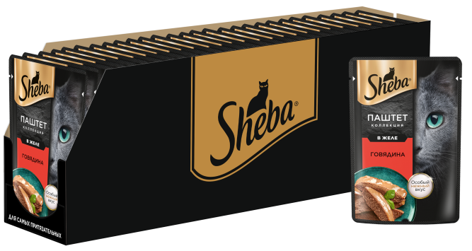 Sheba влажный корм для кошек нежный паштет с говядиной, в желе, в паучах - 75 г х 28 шт
