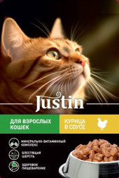 Justin влажный корм для взрослых кошек с курицей, в соусе, в паучах - 75 г х 28 шт