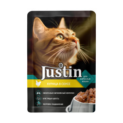 Justin влажный корм для взрослых кошек с курицей в соусе, в паучах - 75 г х 28 шт